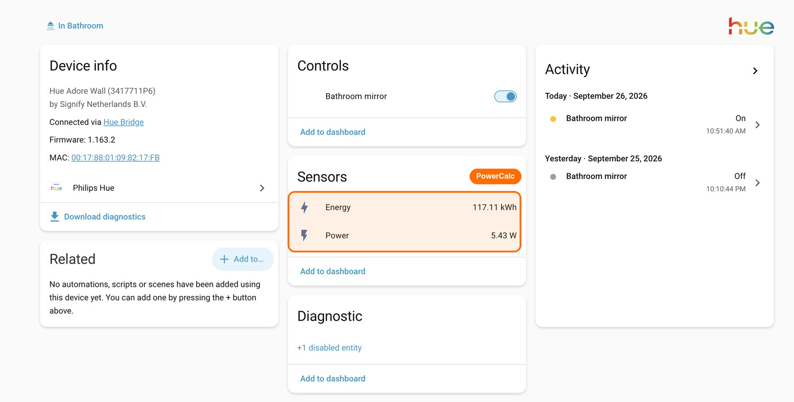 Powercalc sensors on the device page